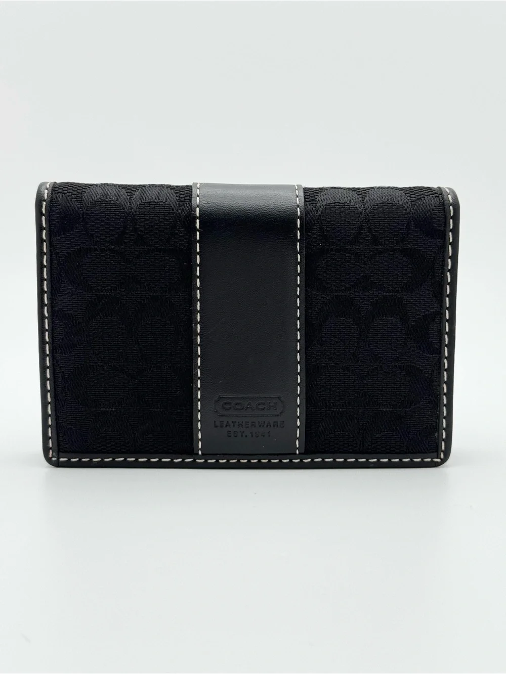 Vintage Coach Black Signature Jacquard Snap ID Card Case White Stitch Y2K Wallet